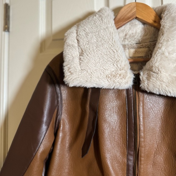 Choosy Amelia Shearling Jacket Aviator Vegan Faux Leather with Cream Accents XL - Picture 8 of 16